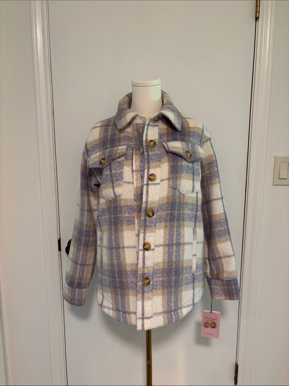 Avec Les Filles Plaid Utility Shacket in Cream and Light Blue